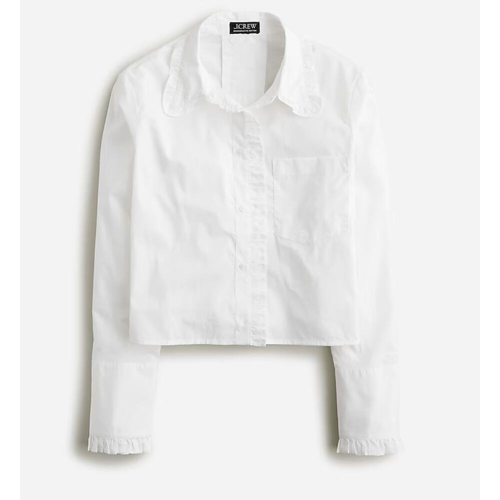 NWT J. Crew Ruffle Trim Poplin Top XS White Shirt Blouse Button BY664 J.Crew
